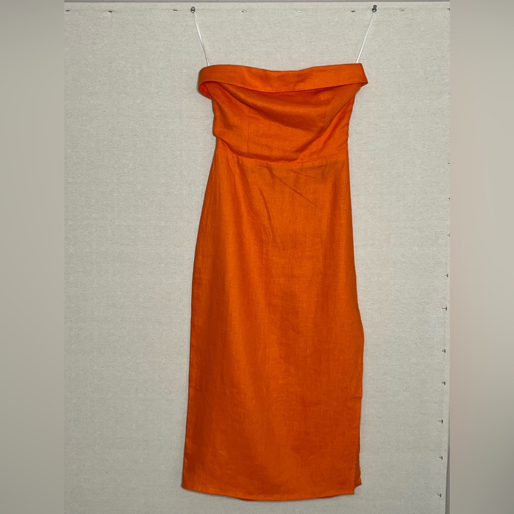 REFORMATION 100% Linen Orange Strapless Marcella Midi Dress w/ Slit 0 - Picture 12 of 15